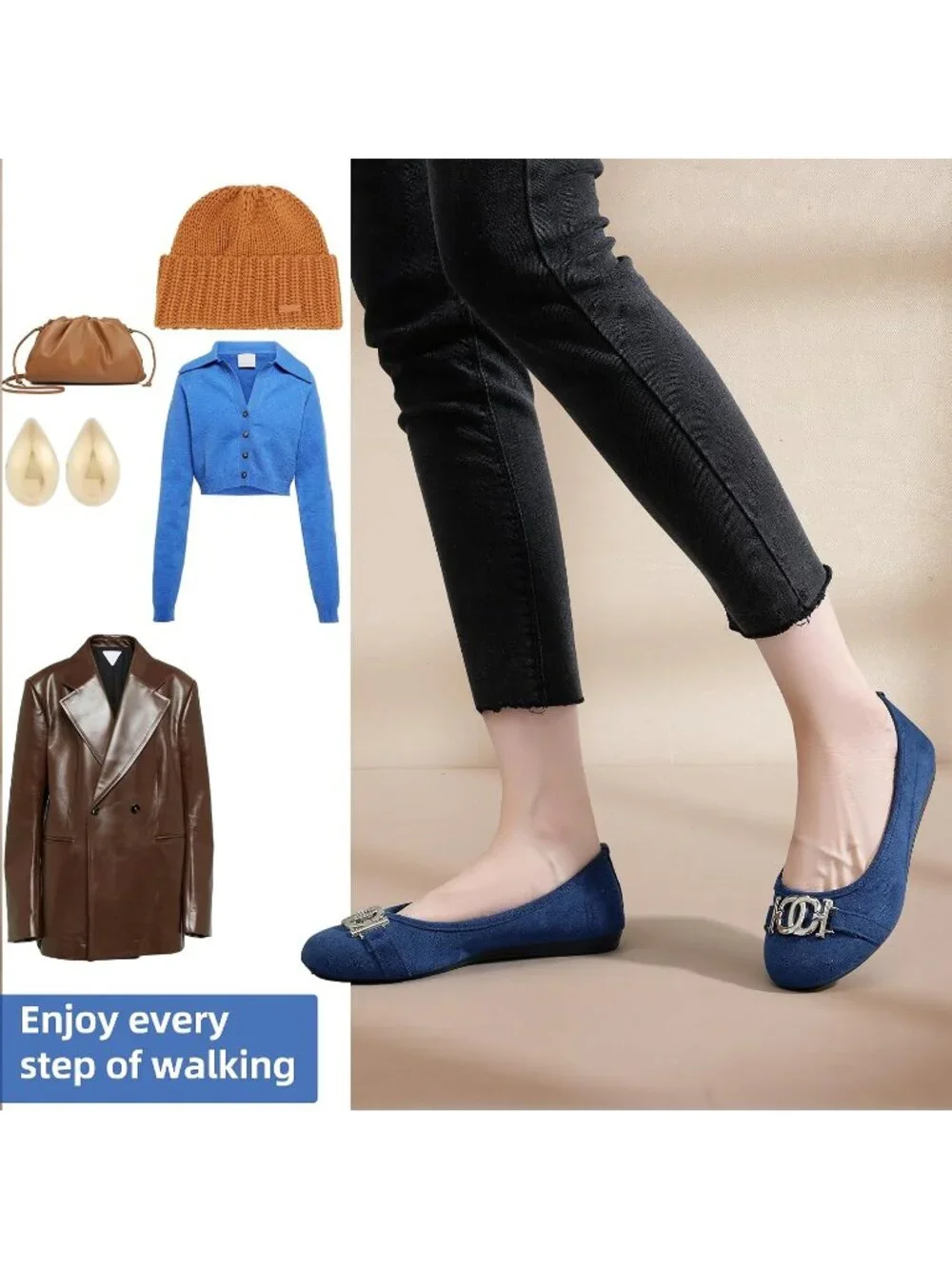 Women's Blue Micro Fiber Comfortable Round Toe Flats Slip on Casual Dressy Shoes